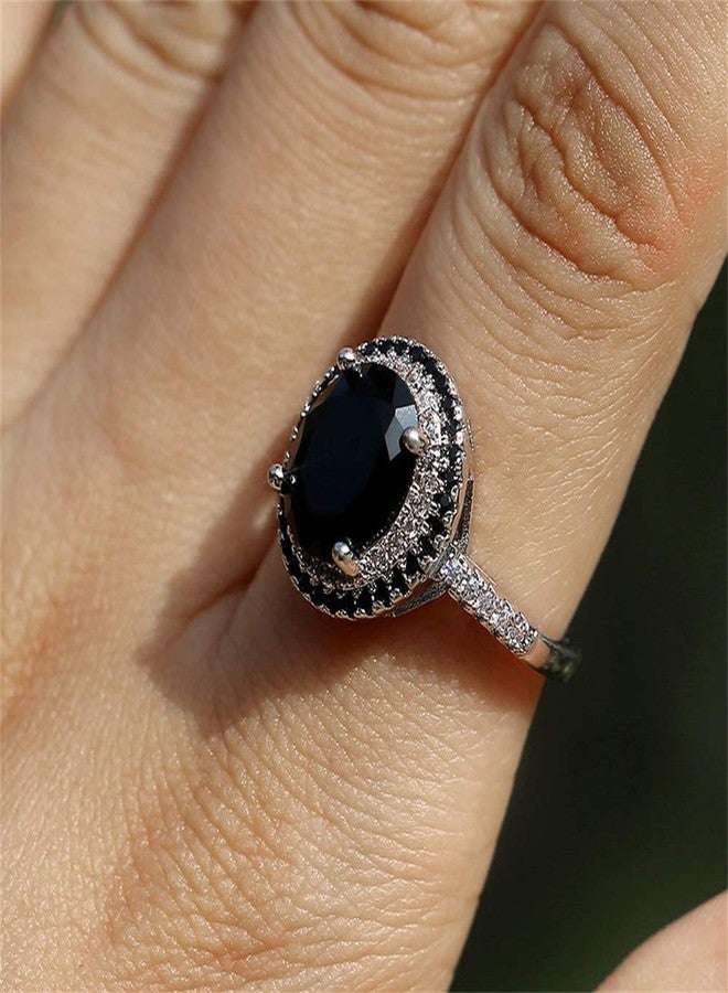 AZQ 925 Sterling Silver Shiny Full Diamond Ring Oval Cut Black Onyx Marcasite White Cubic Zirconia Rings CZ Cocktail Rings Eternity Engagement Wedding Band Ring for women TZ.36 (US Code 7) - Image 4